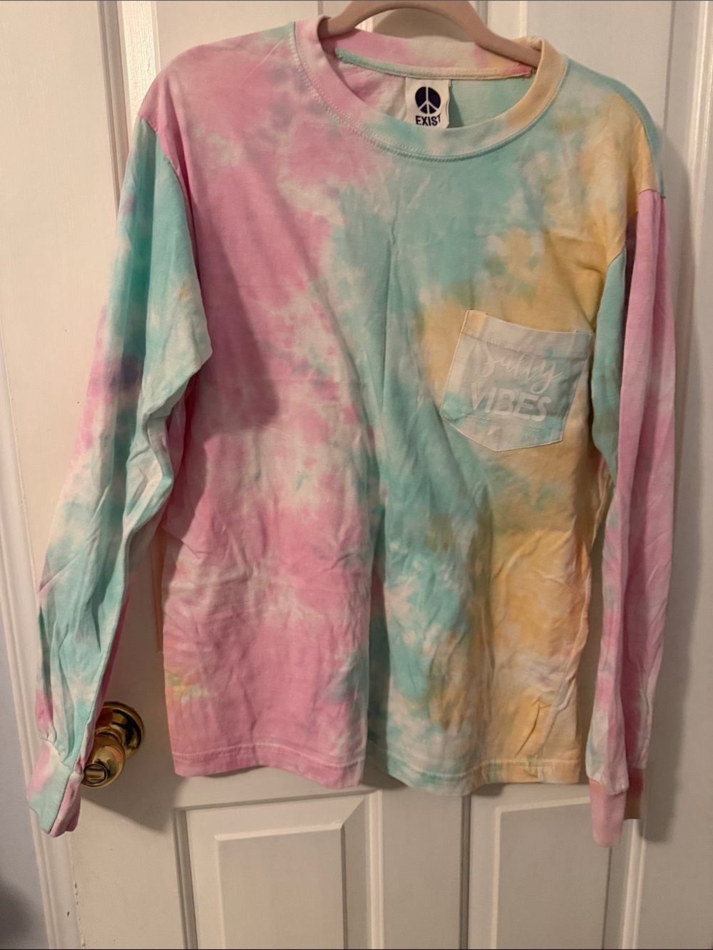 Exist Pastel Tie-Dye Long Sleeve Pocket Tee - Pink, Blue, Yellow